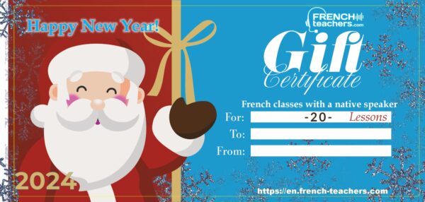 Gift idea for Christmas and New Year 2024: learn French while having fun! Gift a 20-lessons online French course with a native speaker by offering a gift card!